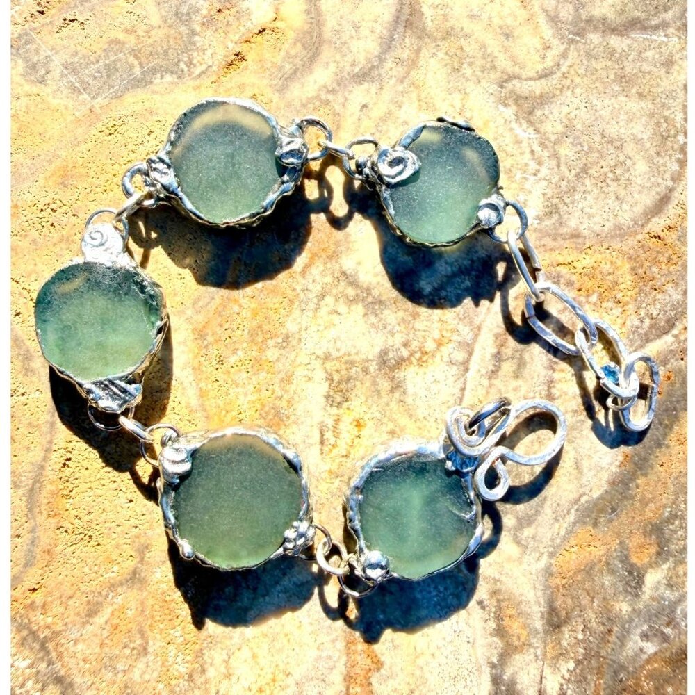 Sea Glass & Silver Blend Artisan Crafted Hammered Bracelet With Unique Findings - Picture 11 of 14